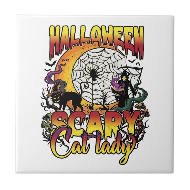 Halloween Skrämmande Kattdam Döden Måne Magi Bo Kakelplatta (Framsidan)