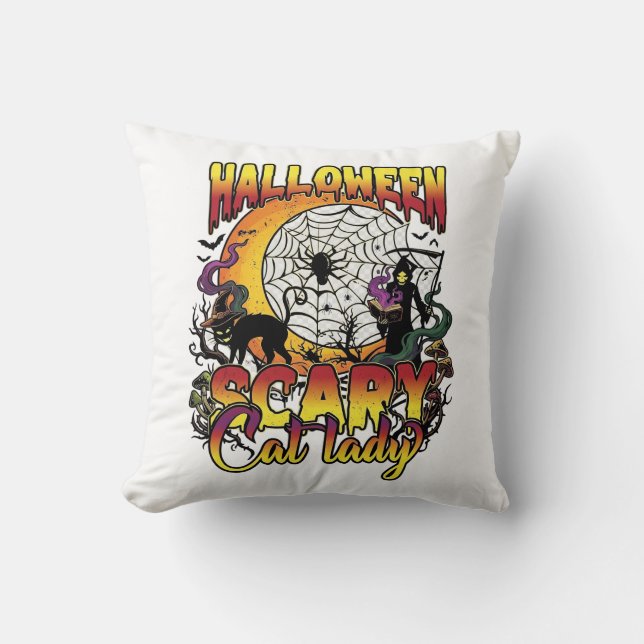 Halloween Skrämmande Kattdam Döden Måne Magi Bo Kudde (Framsida)