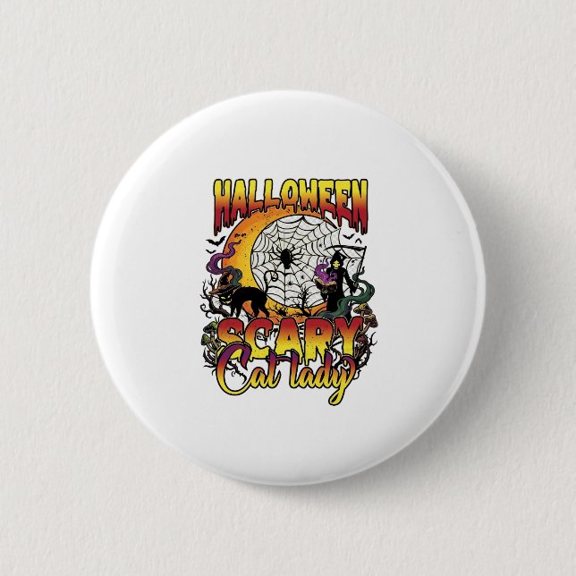 Halloween Skrämmande Kattdam Döden Måne Magi Bok Knapp (Framsida)