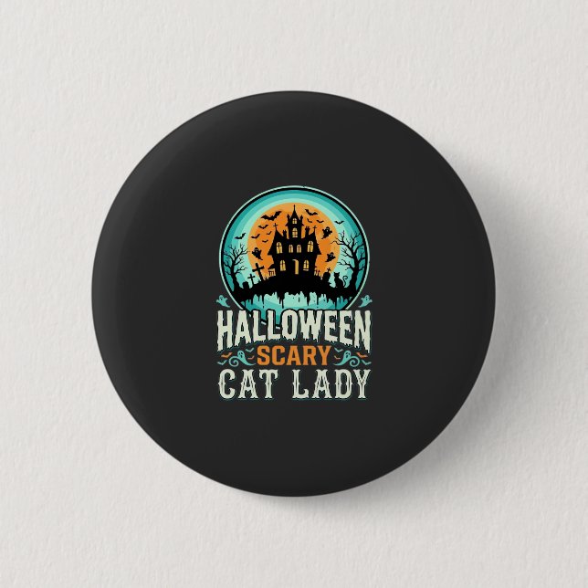 Halloween Skrämmande Kattdam Haunted House Design_ Knapp (Framsida)