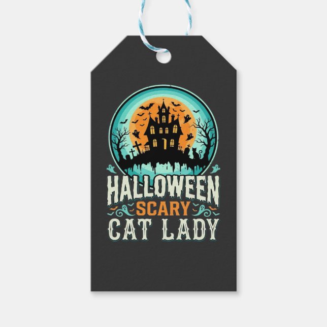 Halloween Skrämmande Kattdam Haunted House Design_ Presentetikett (Framsidan)