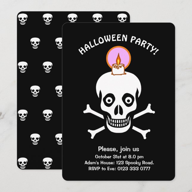 Halloween skrämmande skallar på svart inbjudan (Fram/baksida)