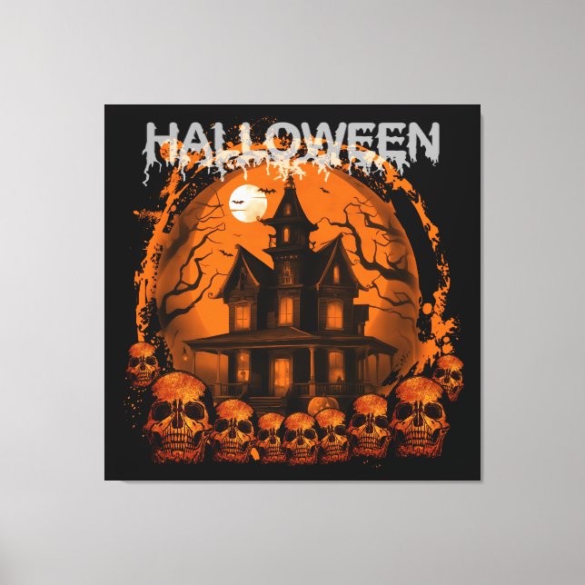 HALLoween SKRÄMMANDE SPÖKHUS DÖDSSKALLAR Canvastryck (Framsida)