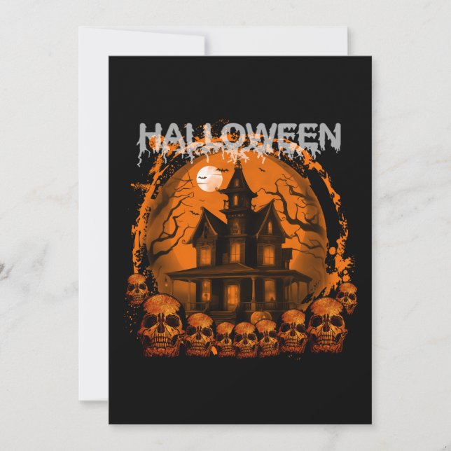 HALLOWEEN SKRÄMMANDE SPÖKHUS DÖDSSKALLAR INBJUDNINGAR (Framsida)