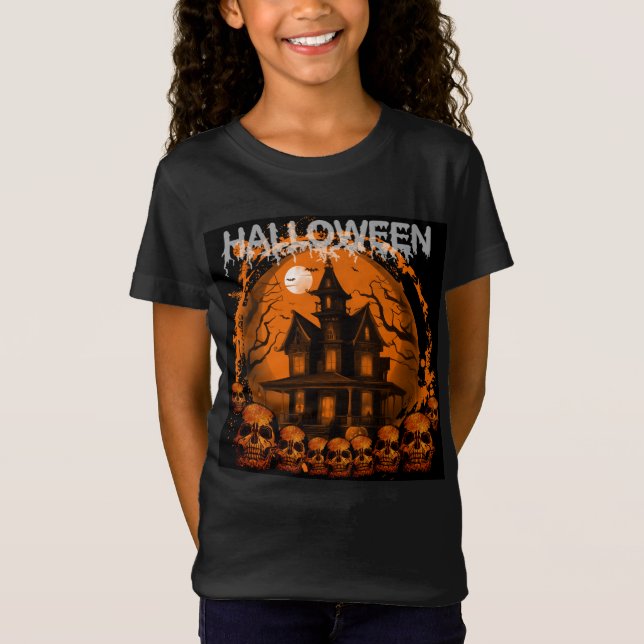 HALLoween SKRÄMMANDE SPÖKHUS DÖDSSKALLAR T Shirt (Framsida)