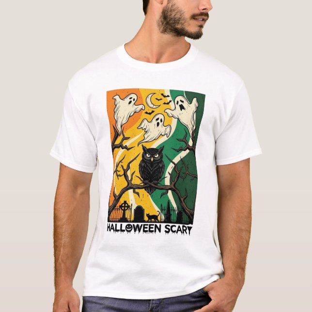 Halloween Skrämmande Svart Ugglor Spöken Kyrkogård T Shirt (Framsida)
