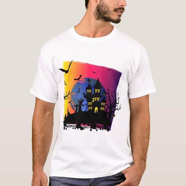 Halloween-skrynklig design med häxhus hemsökt t shirt (Framsida)