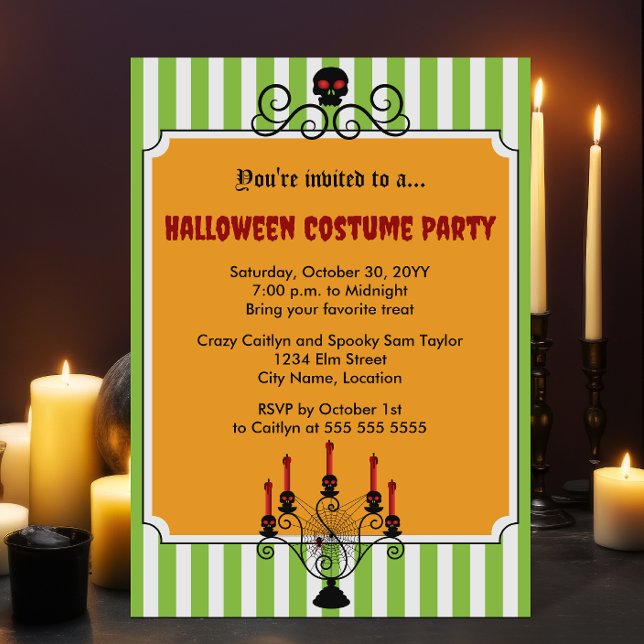 Halloween Skull Candelabra Costume Party Inbjudningar (Halloween skull and candelabra costume party invitation.)