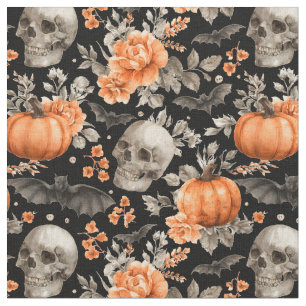 Halloween Skull Fladdermus och Blommor Black Tyg