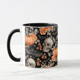 Halloween Skull Fladdermus och Flowers Black Mugg