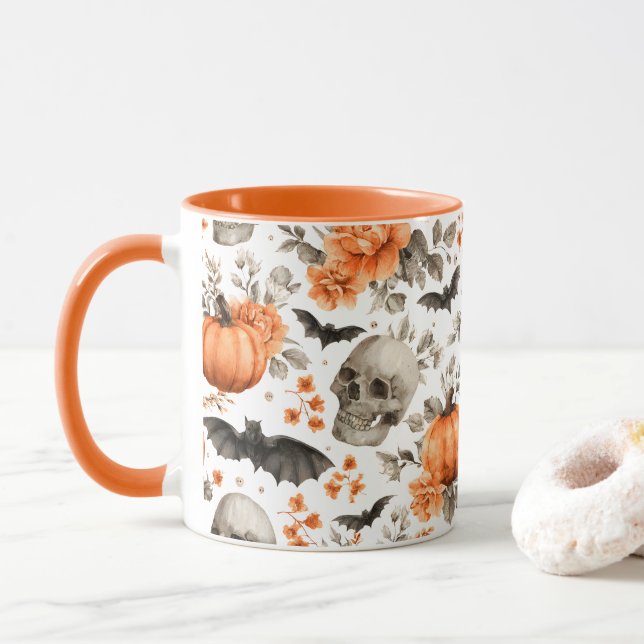 Halloween Skull Fladdermus och Flowers Mugg (Med munk)