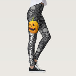 Halloween Skull Gothic Black Grått Pumpkin Leggings