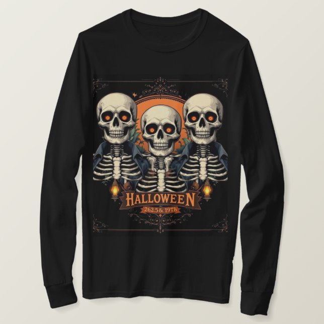 Halloween Skull Långärmad T-Shirt - Spooky Skele (Design framsida)