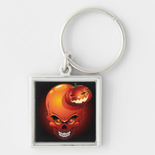 Halloween Skull och Pumpkin Keychain Fyrkantig Silverfärgad Nyckelring
