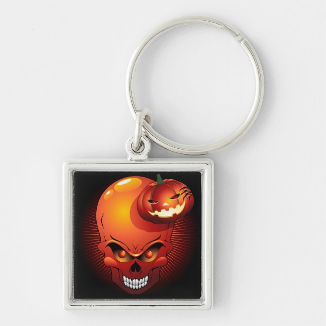 Halloween Skull och Pumpkin Keychain Fyrkantig Silverfärgad Nyckelring (Framsidan)