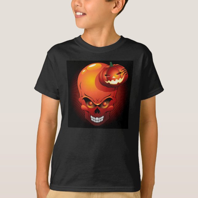 Halloween Skull och Pumpkin T-Shirt (Framsida)