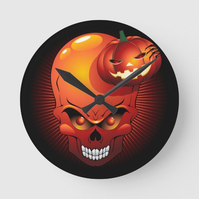 Halloween Skull och Pumpkin Wall Clock Rund Klocka (Framsida)