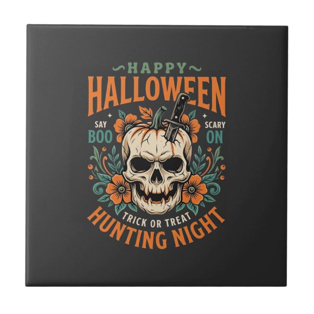 Halloween Skull Pumpkin Hunting Night Design_1 Kakelplatta (Framsidan)