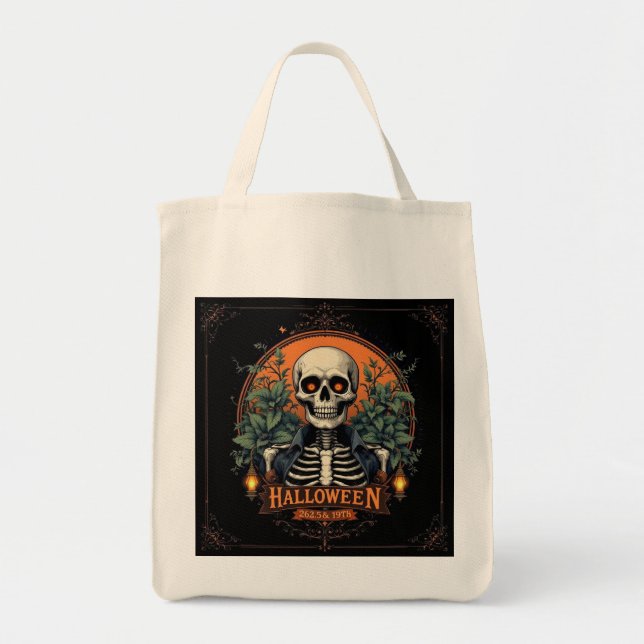 Halloween Skull Skeleton Tote Bag - Spooky Tygkasse (Framsidan)