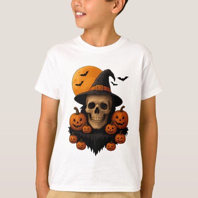Halloween Skull With Pumpkins and Witch Hat T-Shir T Shirt (Framsida)