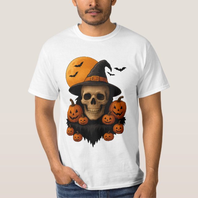 Halloween Skull With Pumpkins and Witch Hat T-Shir T Shirt (Framsida)