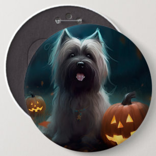 Halloween Skye Terrier Med Pumpa Skräck Knapp