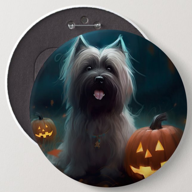 Halloween Skye Terrier Med Pumpa Skräck  Knapp (Framsida & baksida)