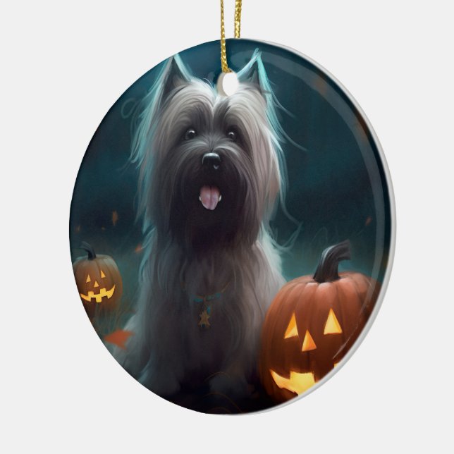 Halloween Skye Terrier Med Pumpa Skräckinjagande Julgransprydnad Keramik (Vänster)