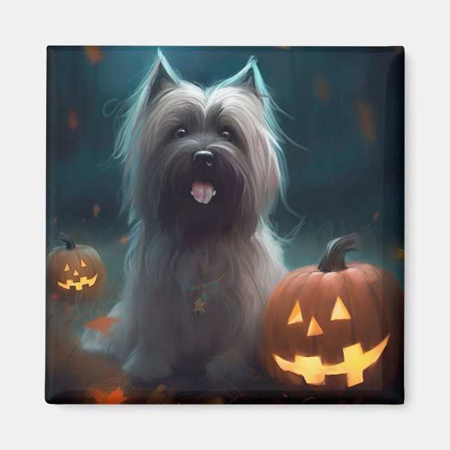 Halloween Skye Terrier Med Pumpa Skräckinjagande Magnet (Framsidan)