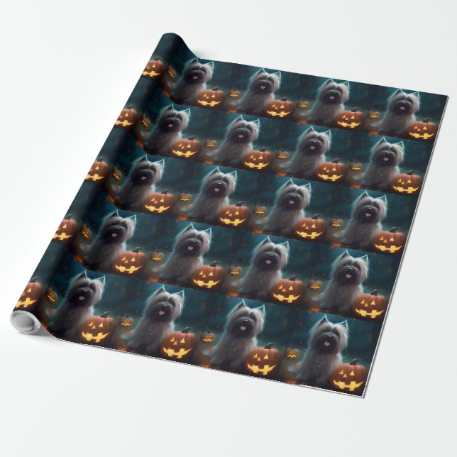 Halloween Skye Terrier Med Pumpa Skräckinjagande Presentpapper (Utrullad)