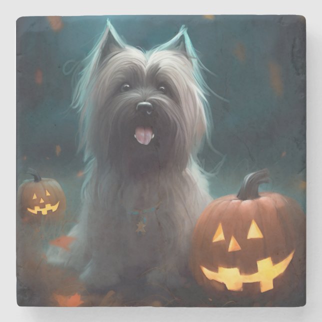 Halloween Skye Terrier Med Pumpa Skräckinjagande Stenunderlägg (Framsidan)