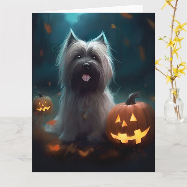 Halloween Skye Terrier Med Pumpaljusa Skrämmande  Kort (Gul blomma)