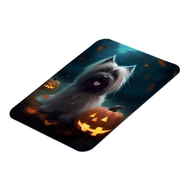 Halloween Skye Terrier Med Pumpalys Skrämmande  Magnet (Vänstra Sidan)
