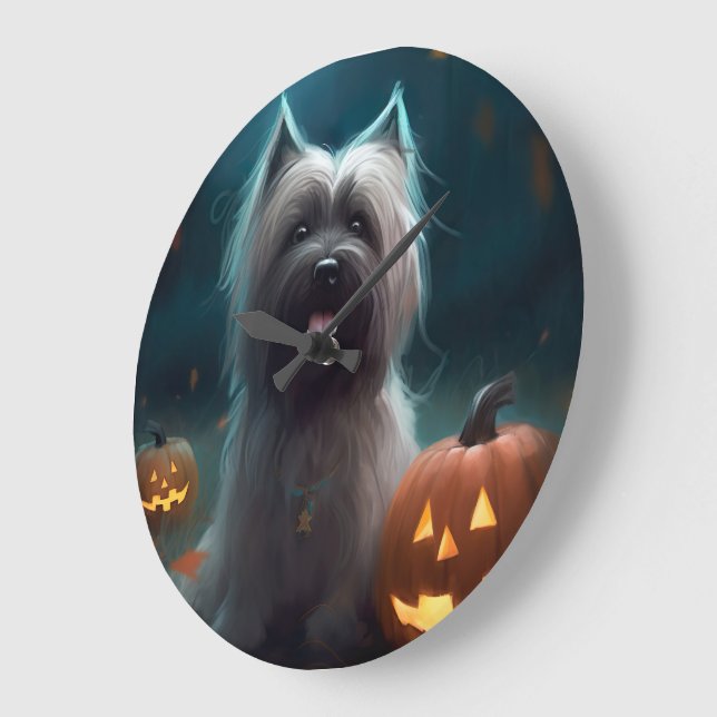 Halloween Skye Terrier med pumpor Scary Stor Klocka (Vinkel)
