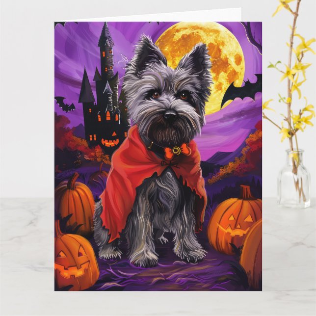 Halloween Skye Terrier Vampyr Pumpor Skräck Kort (Gul blomma)