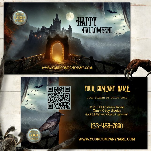 Halloween-släktet Slott Businesskort Visitkort (Halloween business card featuring a dark castle with a full moon and bats and a raven on the back)