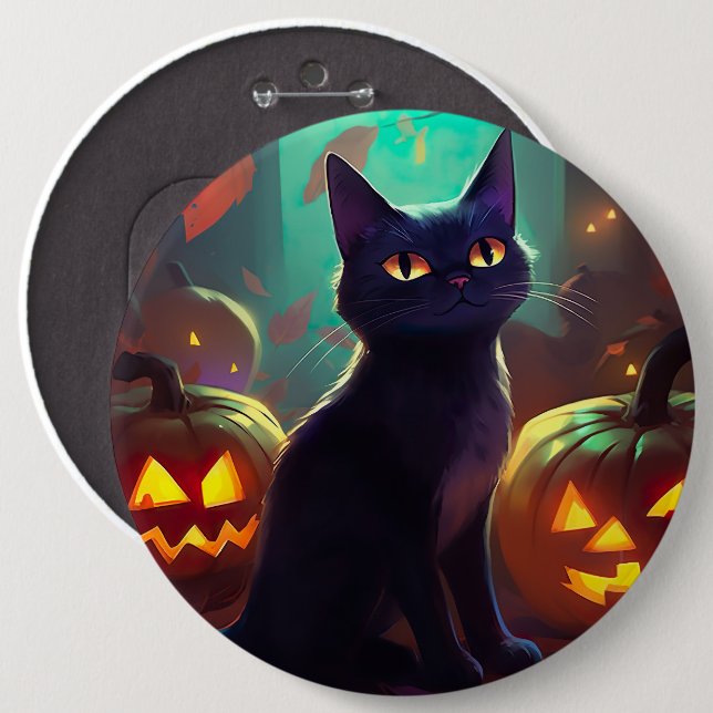 Halloween Smoking Cat Med Pumpor Skräckinjagande Knapp (Framsida & baksida)