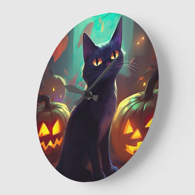 Halloween Smoking Cat Med Pumpor Skräckinjagande Stor Klocka (Vinkel)