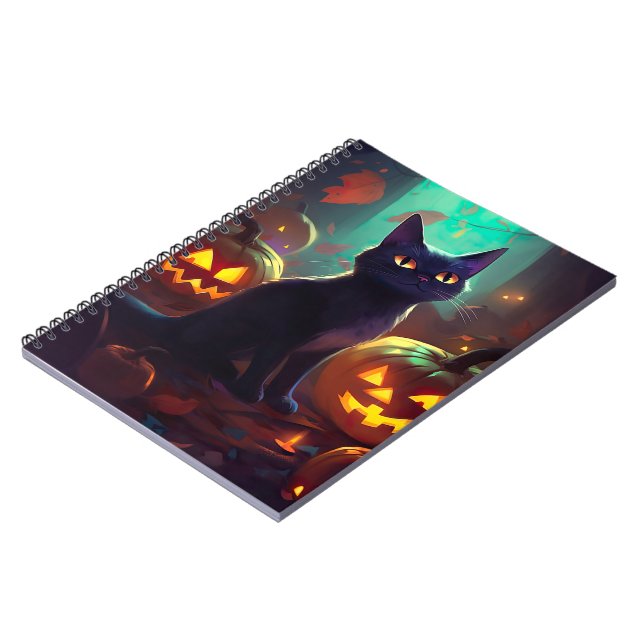 Halloween Smoking Katt Med Pumpa Skräckinjagande Anteckningsbok (Vänstra Sidan)