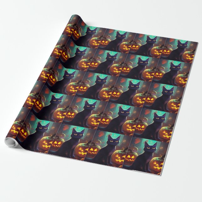 Halloween Smoking Katt Med Pumpor Skräck Presentpapper (Utrullad)