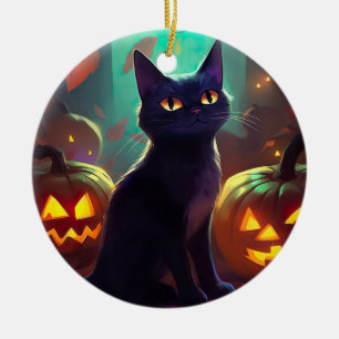 Halloween Smoking Katt Med Pumpor Skräckinjagande Julgransprydnad Keramik