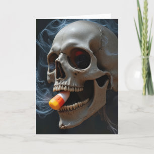 Halloween Smoking Skull Biting Candy corn Kort