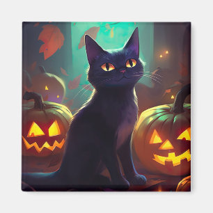 Halloween Smokingkatt Med Pumpa Skräck Magnet
