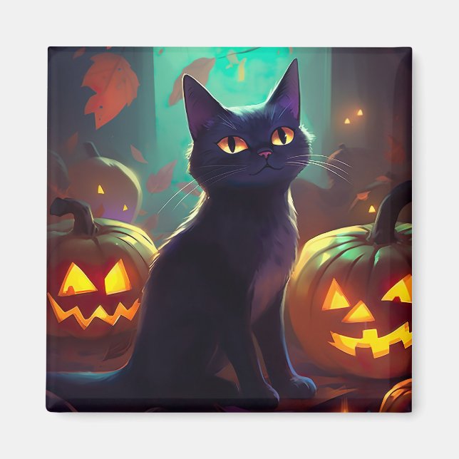 Halloween Smokingkatt Med Pumpa Skräck Magnet (Framsidan)