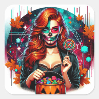 Halloween Socker Skalle Godis Flicka Fyrkantig Kli Fyrkantigt Klistermärke