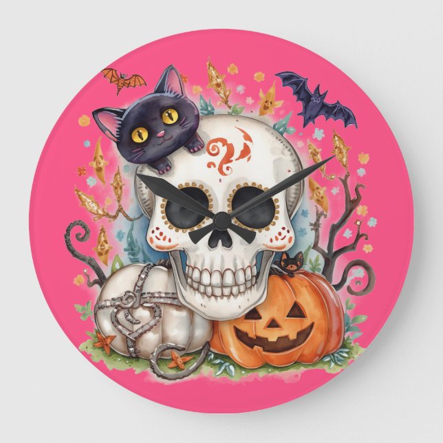 Halloween,Socker Skalle Katt ,Söt,Jack O Lantern  Stor Klocka (Framsida)