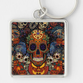 Halloween,Socker Skalle Pumpa Fiesta, Calavera Fyrkantig Silverfärgad Nyckelring