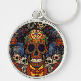 Halloween,Socker Skalle Pumpa Fiesta, Calavera Rund Silverfärgad Nyckelring