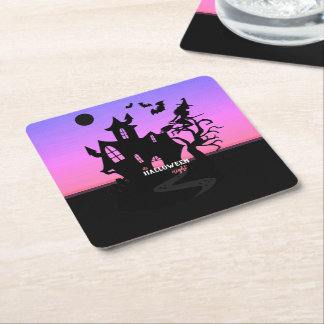 Halloween Solnedgång Natt Häxa och Fladdermöss Jak Underlägg Papper Kvadrat