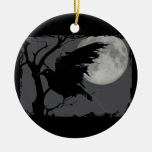 Halloween som är korpsvart i gren med fullmånen julgransprydnad keramik
